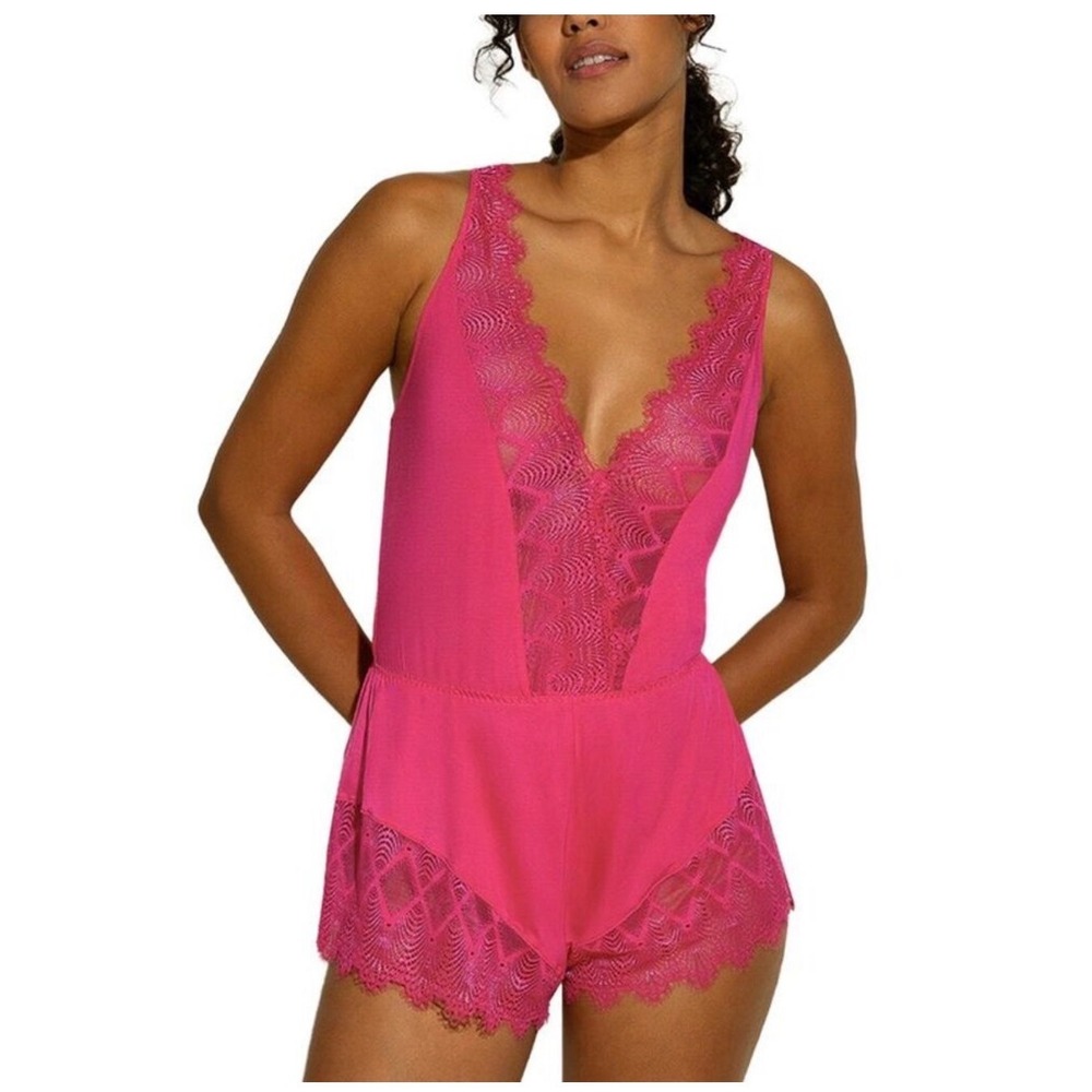 Cosabella Allure Teddy Pink Lace Trim Modal Romper Bodysuit Large #128